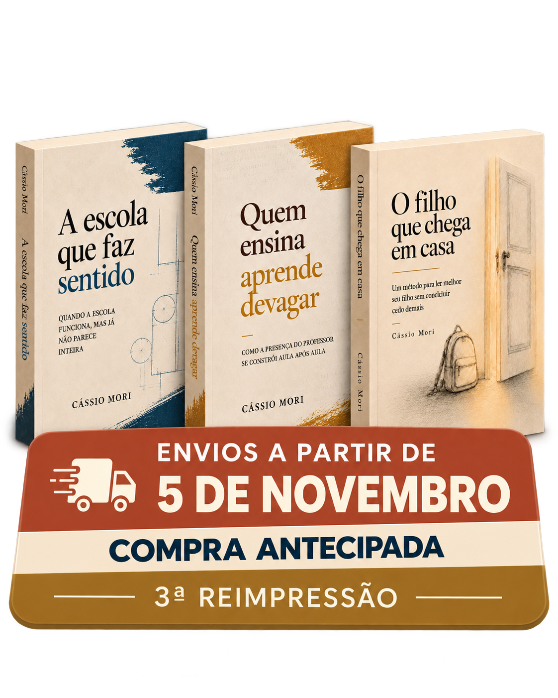 Combo Cássio Mori — três livros impressos — compra antecipada; envios a partir de 5 de novembro de 2026